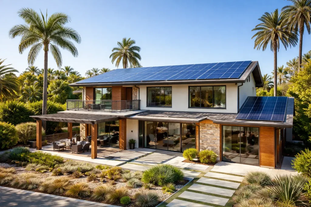 Best solar panels in California installed on a modern home with rooftop solar under clear blue sky and palm trees