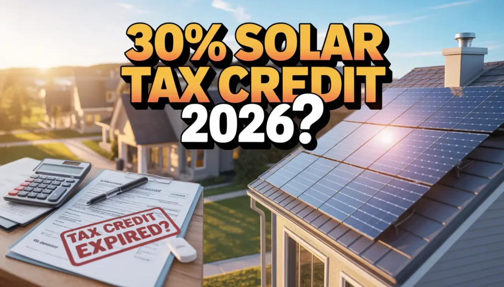 30 percent solar tax credit expired in 2026 shown with solar panel house and tax documents